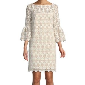 Trina Turk Quinn Bell-Sleeve Shift Dress in Valencia Lace, Size 14